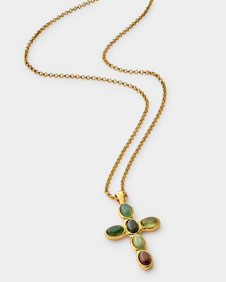 Green Agate Cross Necklace | Gold Coated | 45cm + 5cm extender