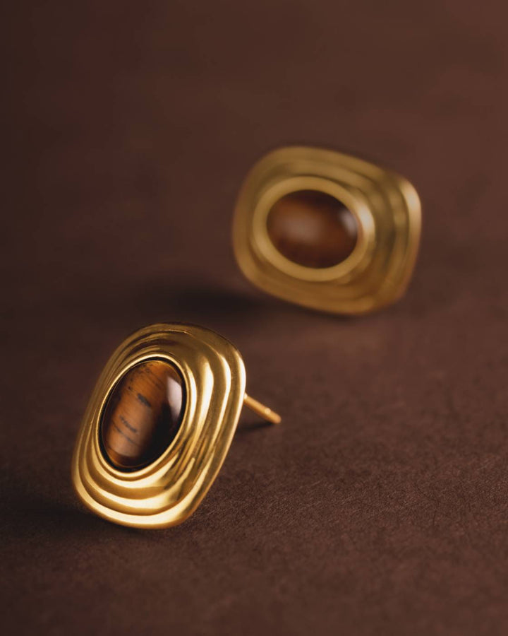 Tiger'S Eye Button Stud Earrings