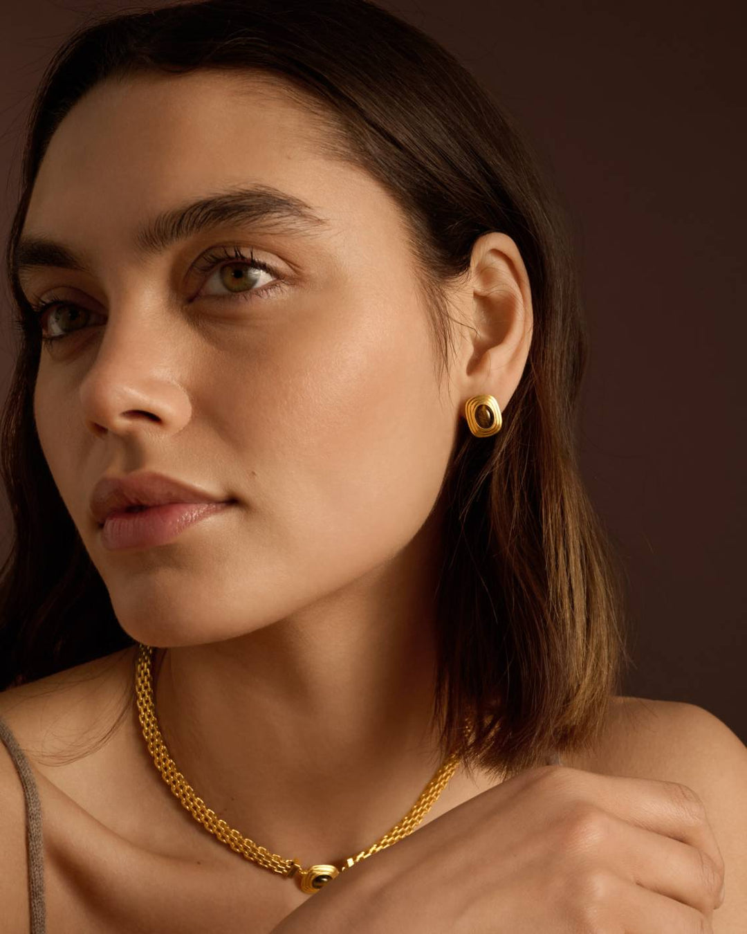 Tiger'S Eye Button Stud Earrings