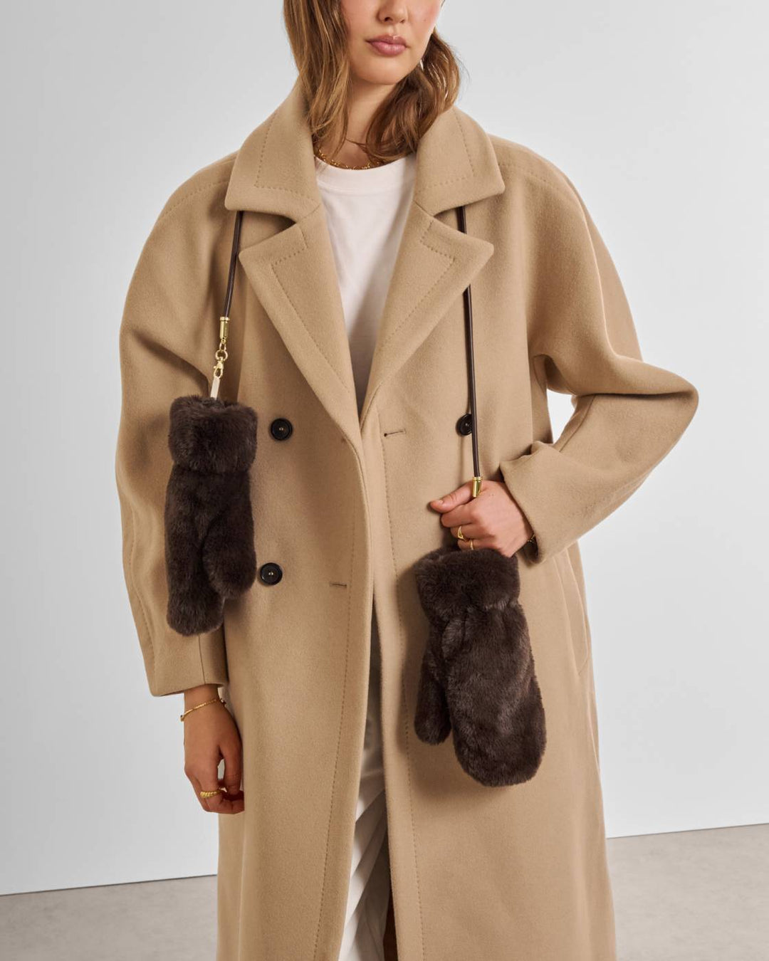 Faux Fur Mittens with Cord