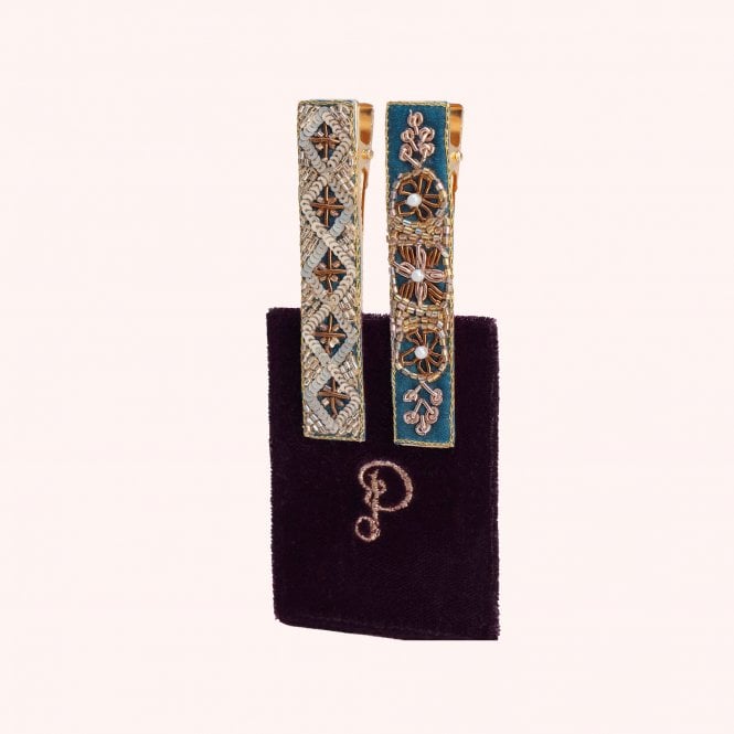Pk 2 Hair Bars Diamond & Flower Trio (Navy)
