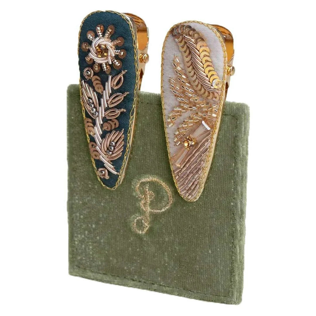 Pk 2 Hairclips Dainty Flower & Angel Wing (Moss)