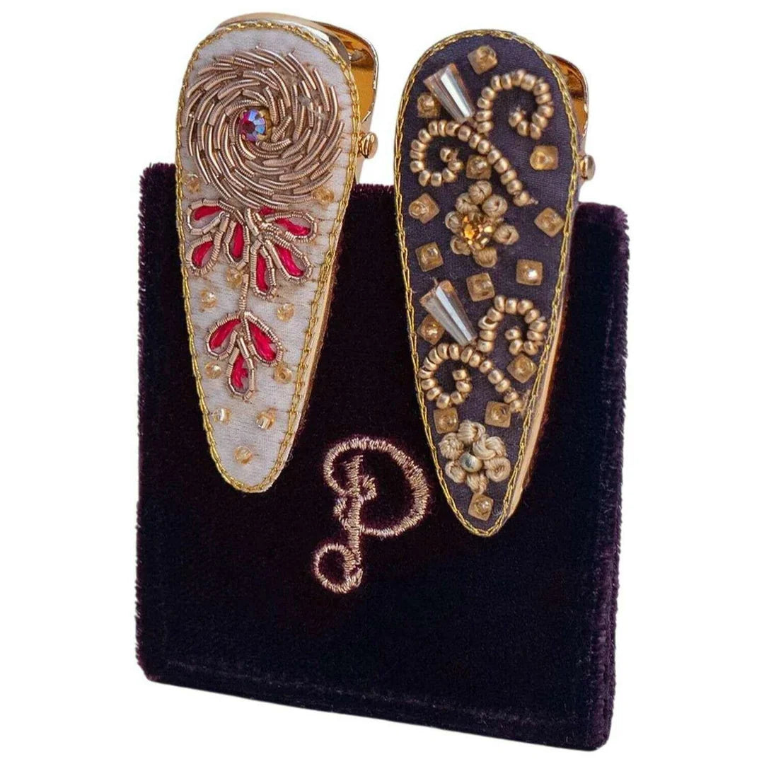Pk 2 Hairclips Pink Chrysanthemum & Gold Bows (Navy)