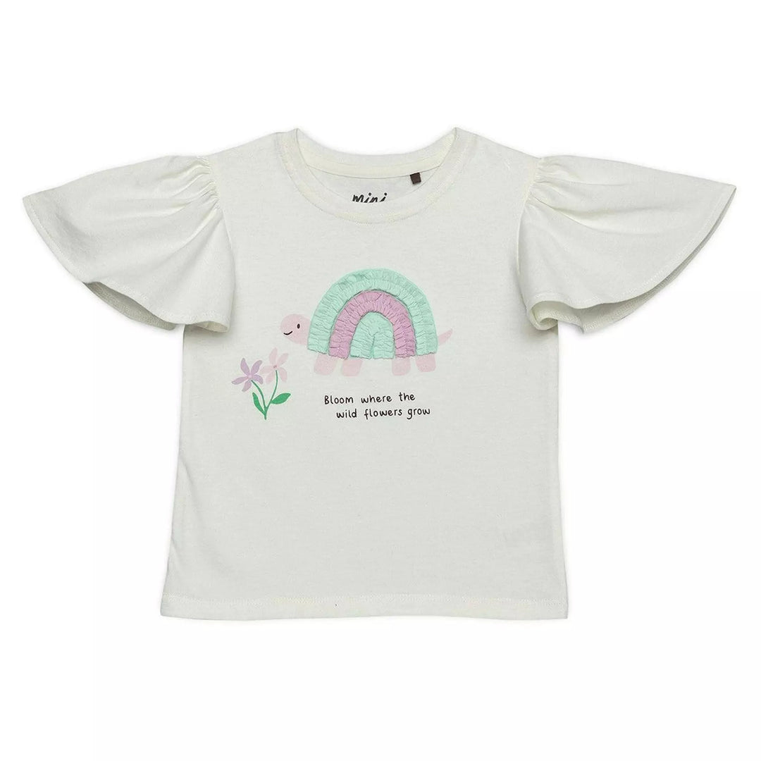Baby girls turtle applique flared sleeve top,off white
