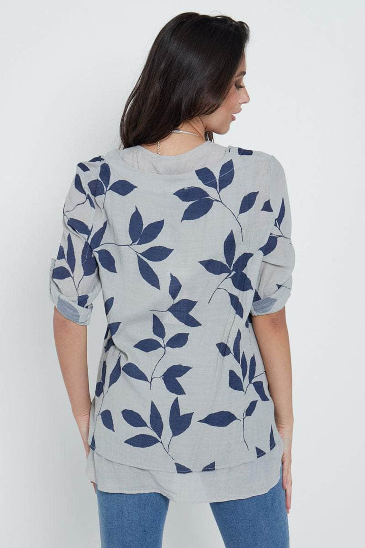 FLORAL GREY LEAF PATTERN DOUBLE LAYER TOP