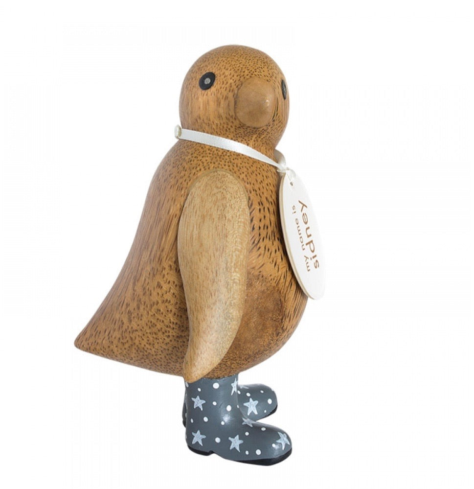 NATURAL FINISH BABY EMPEROR PENGUIN WITH GREY NIGHT SKY WELLY BOOTS