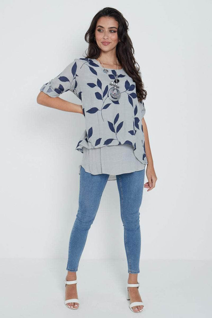 FLORAL GREY LEAF PATTERN DOUBLE LAYER TOP