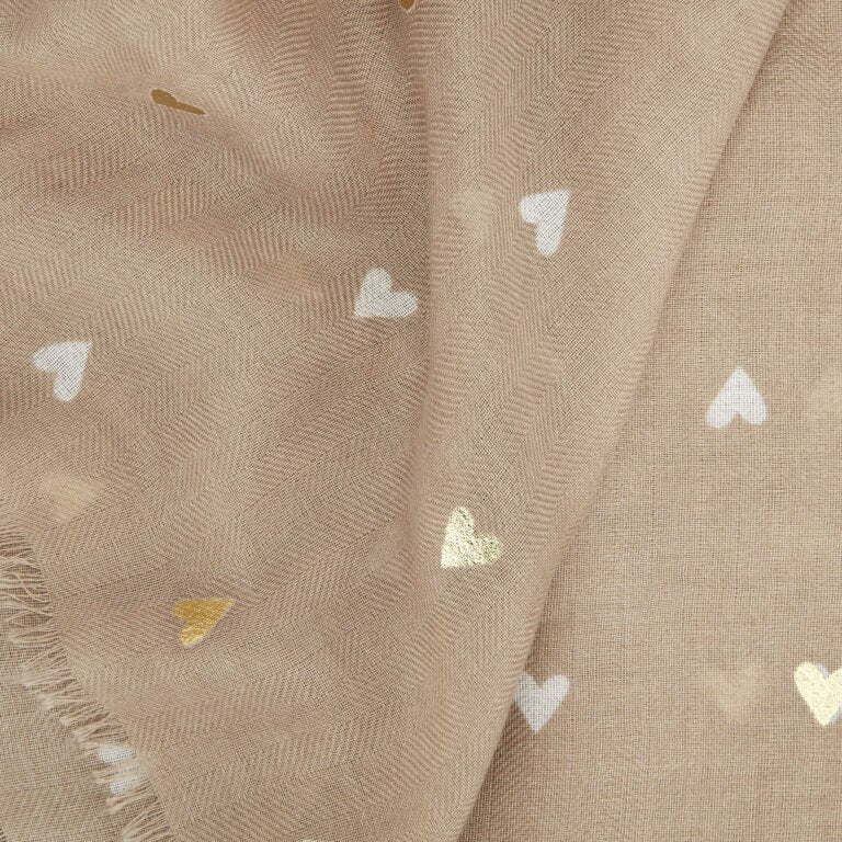 METALLIC TAUPE HEART PRINT SCARF